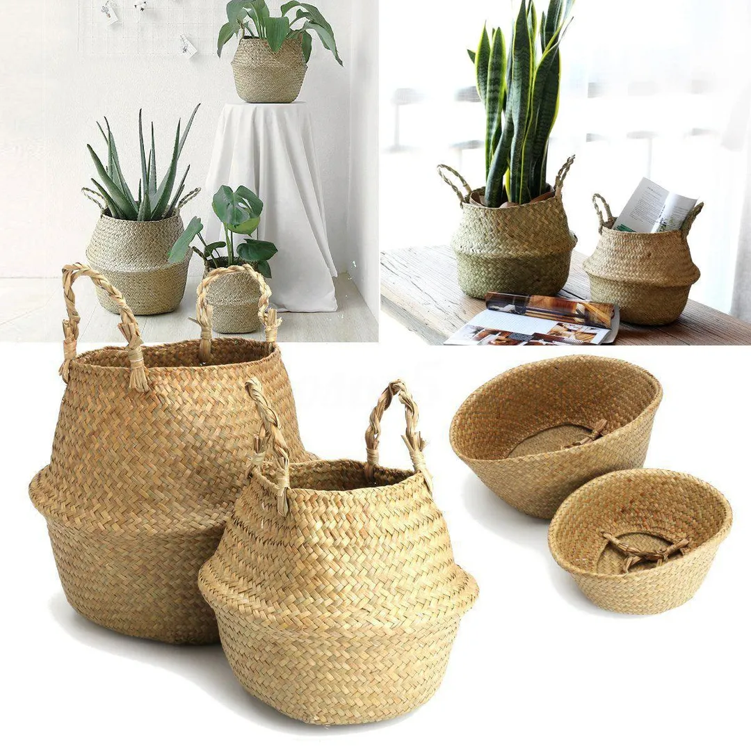 Set of 2 Handmade Rustic Storage Baskets Foldable Laundry Straw Patchwork Wicker Rattan Seagrass Belly Garden Flower Pot Planter Basket Garden Accessories, photo 2 of 10