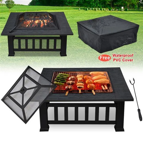 SmileMart 32" Metal Square Fire Pit Garden Stove Brazier Square Metal Brazier with Poker For Barbecue, Heating, Cooling Drinks w/Cover & Poker Black Outdoor, photo 4 of 10