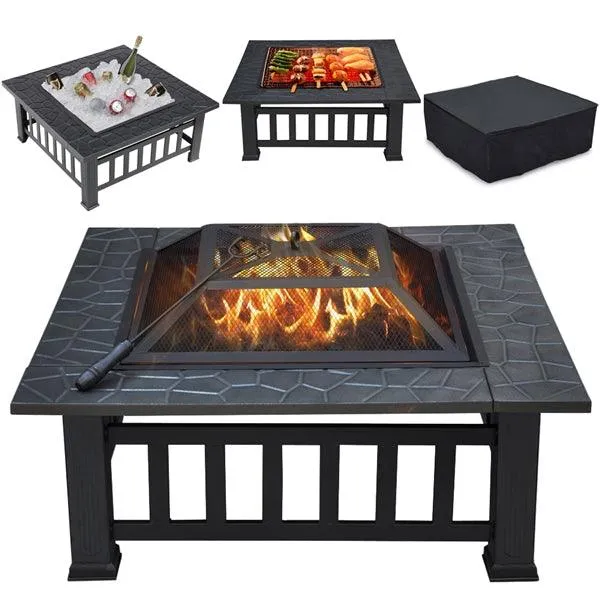 SmileMart 32" Metal Square Fire Pit Garden Stove Brazier Square Metal Brazier with Poker For Barbecue, Heating, Cooling Drinks w/Cover & Poker Black Outdoor, photo 3 of 10