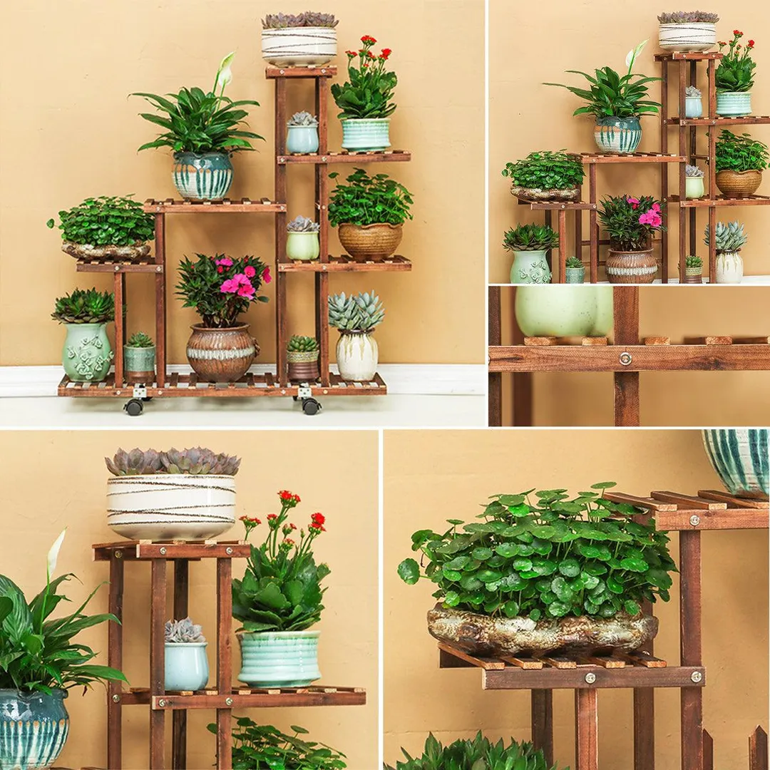 Fir Wood Plant Flower Pot Stand Shelf Rack Display Wheels Indoor Outdoor Garden, photo 5 of 6