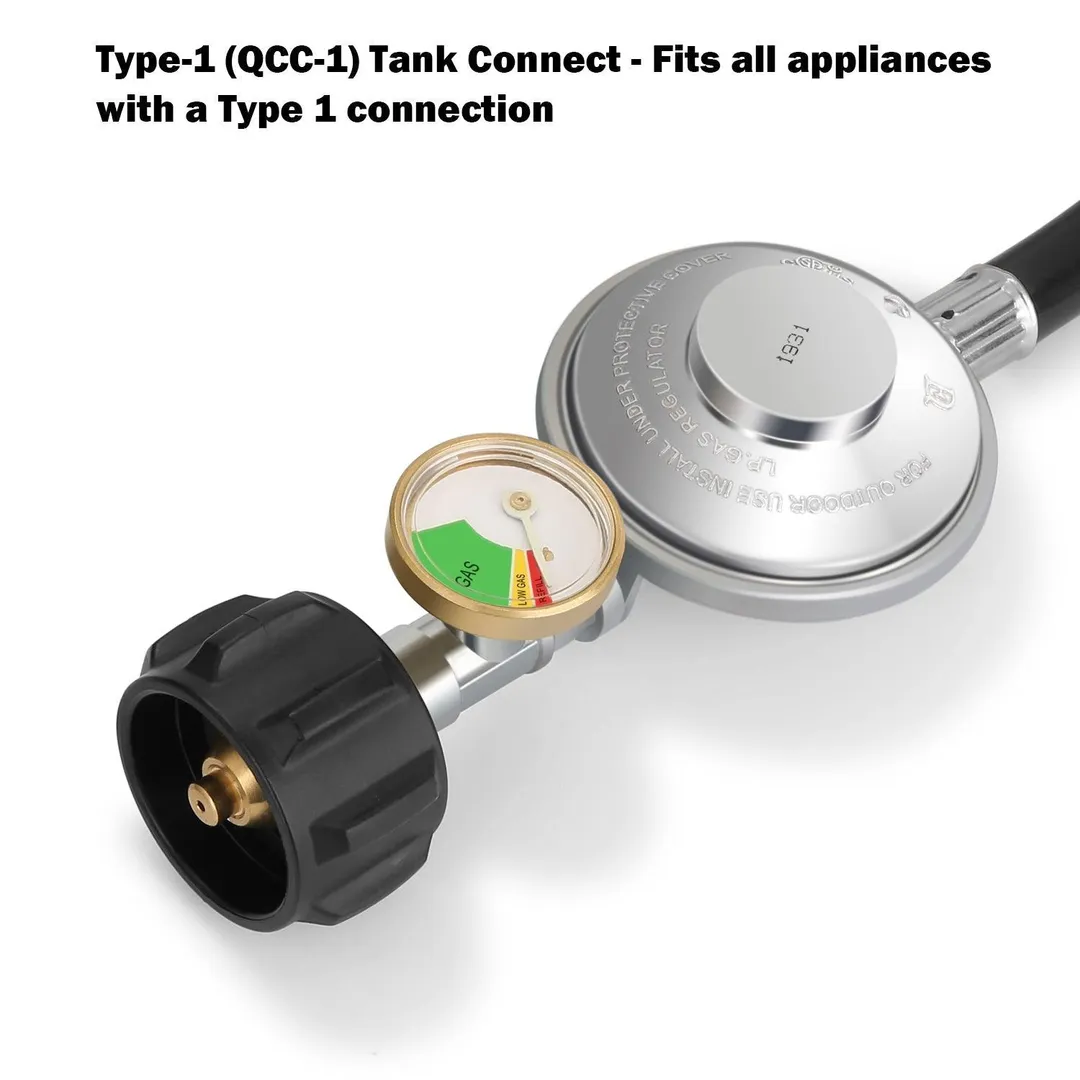 WADEO 2FT Propane Regulator Hose with Propane Tank Gauge, LP Gas Regulator for Most QCC1 Hose and Regulator for Most LP Grill, Heater and Fire Pit Table, 3/8'' Female Flare Fitting, photo 2 of 7