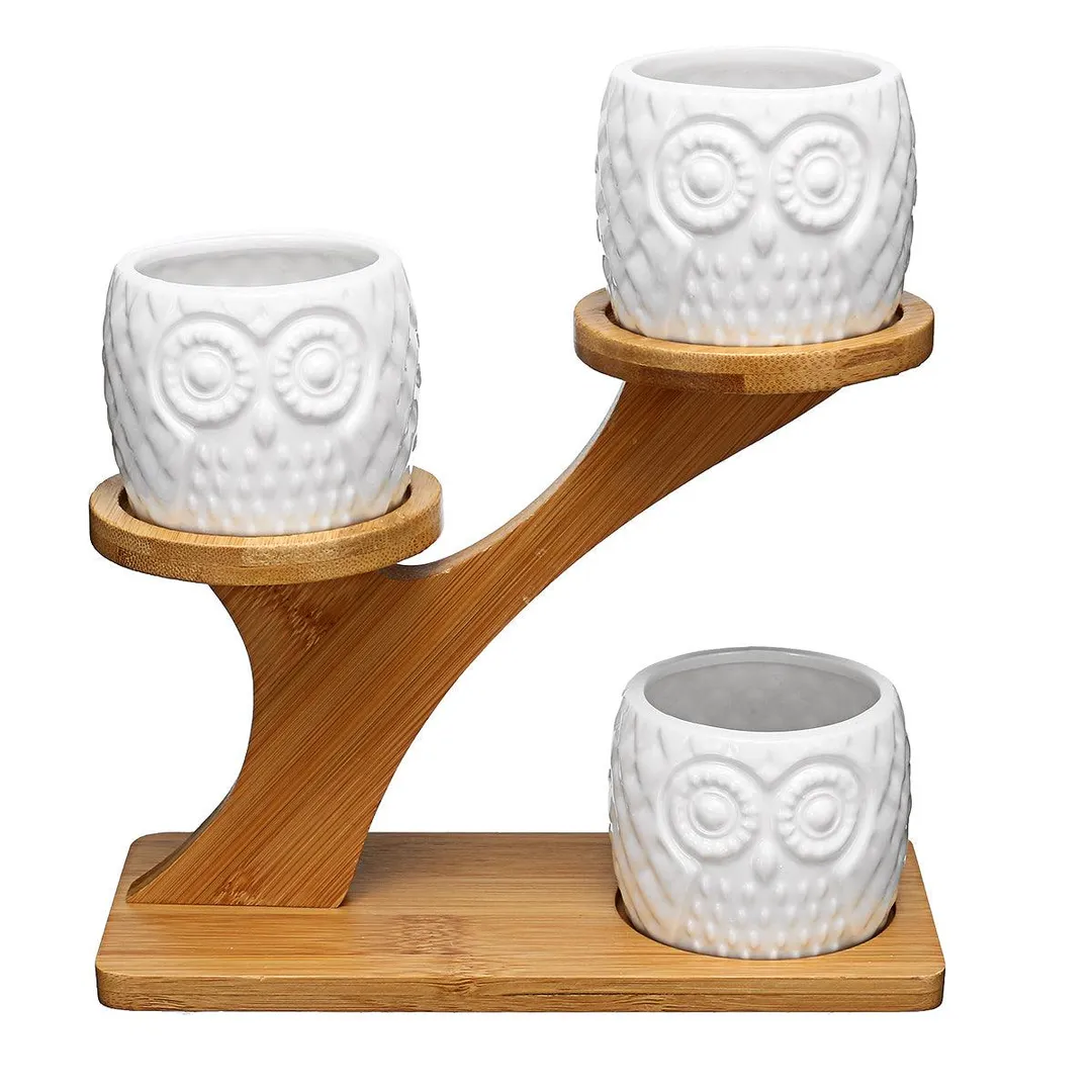 3pcs Owl Succulent Pots Flower Stand with 3 Tier Bamboo Saucers Stand Holder Home Office Desk Garden Mini Cactus Pot Indoor Decoration,White, photo 4 of 7