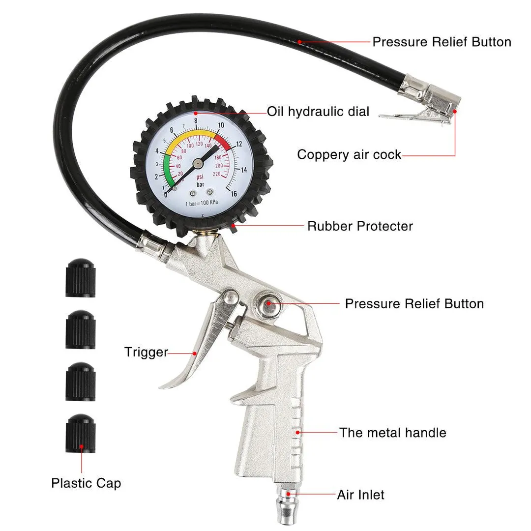 Unique Bargains Car Tire Inflator Air Pressure Gauge 220 PSI with Lock On Chuck Rubber Hose, photo 4 of 7