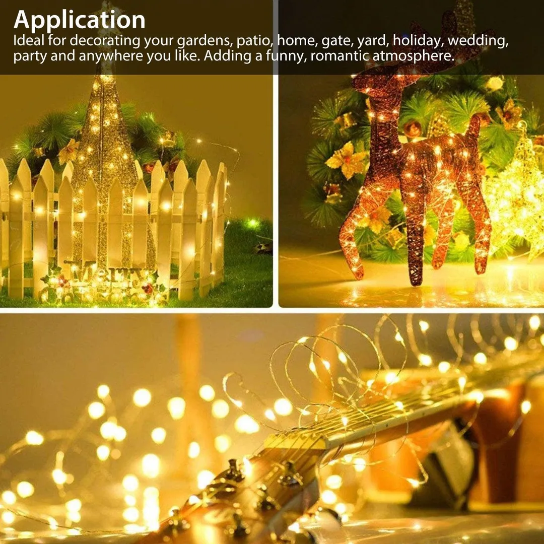 TSV 2/1PCS TSV Solar Powered String Lights outdoor, 100LED 10M/ 33Ft Solar Fairy Lights 2 Modes Waterproof Outdoor/Indoor Garden Lights Copper Wire Lighting for Wedding, Patio, Yard, Festoon, Christmas, photo 7 of 9