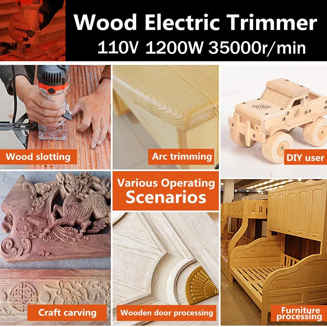 V.I.P. 110V 1200W 35000r/min Waterproof Electric Wood Hand Trimmer Edge Wood Laminator Router Joiners Woodworking Tool Set Kit Carving Machine, photo 3 of 10