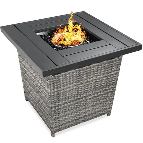 28in Fire Pit Table 50,000 BTU Outdoor Wicker Patio w/ Glass Beads