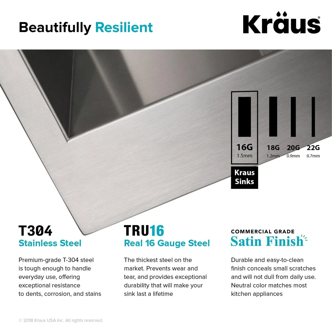 KRAUS 33 x 22 inch Pax Drop-In Topmount 16 Gauge Zero-Radius Double Bowl 2-Hole Stainless Steel Kitchen Sink, photo 14 of 15