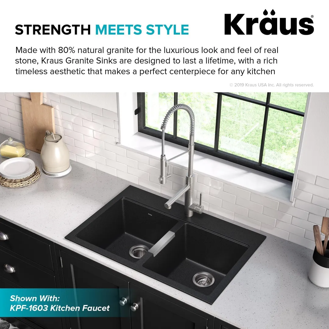KRAUS 33 Inch Dual Mount 50/50 Double Bowl Granite Kitchen Sink w/ Topmount and Undermount Installation in Black Onyx, photo 10 of 12