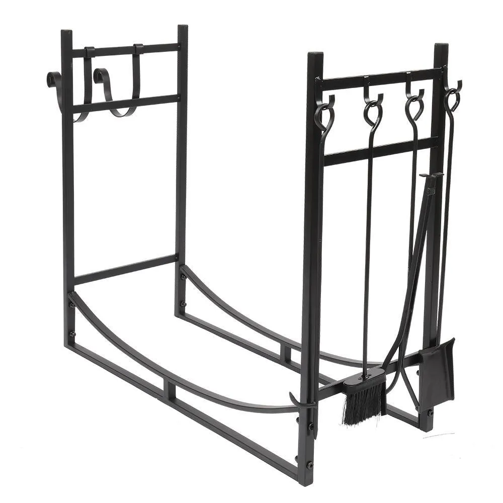 Ktaxon 36" Firewood Rack Indoor Fireplace Tool Rack Outdoor Log Rack with 4 Tools Wood Holder Bin Firewood Holders Lumber Storage Stacking Black Wrought Iron Fireplace Logs Holder Stove, photo 3 of 8