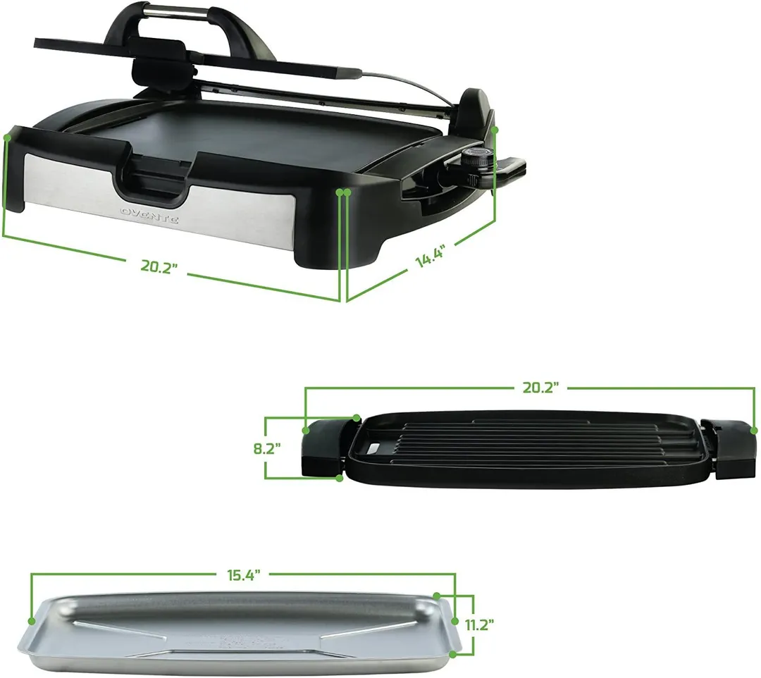 Ovente 2 in 1 Electric Countertop Powerful Contact Grill with Glass Lid & Nonstick Ceramic Grill & Griddle Plate, Portable Stainless Steel BBQ Grill with Removable Drip Tray Easy Clean, Black GR2001B, photo 7 of 8