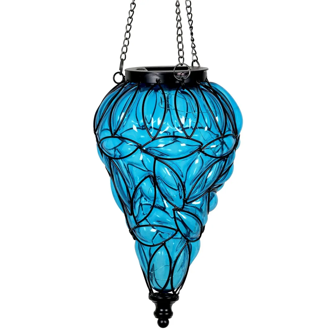 Exhart Solar Tear Shaped Glass and Metal Hanging Lantern in Blue with 15 LED Fairy Firefly String Lights, 7 by 24 inches, photo 6 of 6