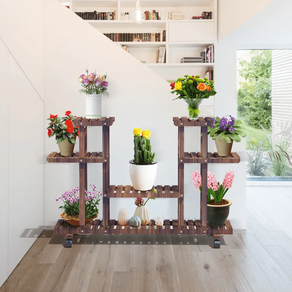 Yaheetech 4-Layer Rolling Wooden Flower Stand Flower Plant Display Stand Shelf Ladder Stand for Living Room Balcony Patio Yard Indoors & Outdoors, photo 2 of 10