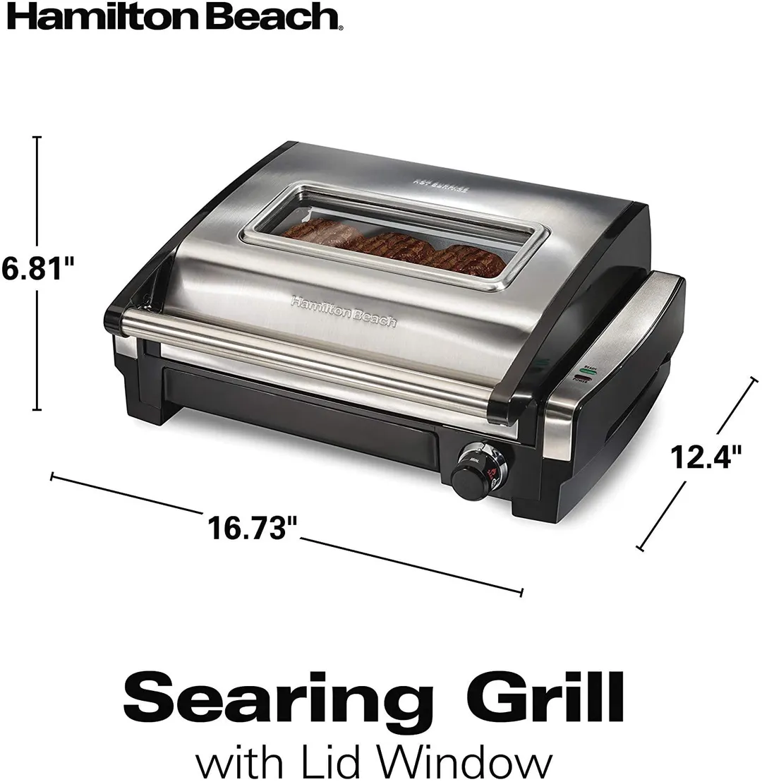 Hamilton Beach Electric Indoor Searing Grill with Viewing Window and Removable Easy-to-Clean Nonstick Plate, 6-Serving, Extra-Large Drip Tray, Stainless Steel (25361), photo 4 of 4