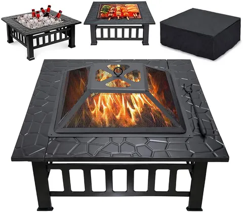 Fire Pit Outdoor BBQ Square Metal Table Patio Garden Stove Wood Burning Fireplace