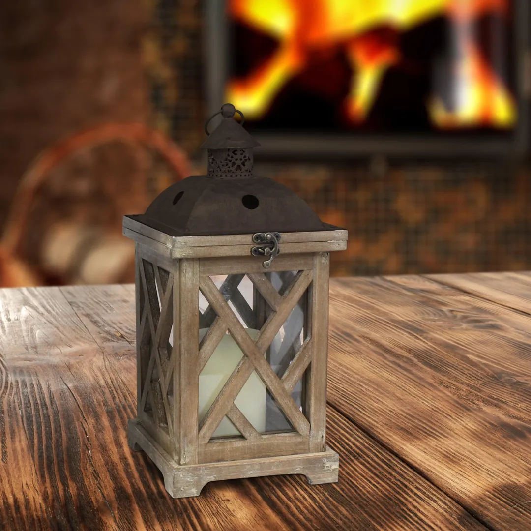 Stonebriar Collection Stonebriar Decorative Wooden Hurricane Candle Lantern Set - Indoor or Outdoor Use - Set of 2, photo 7 of 7