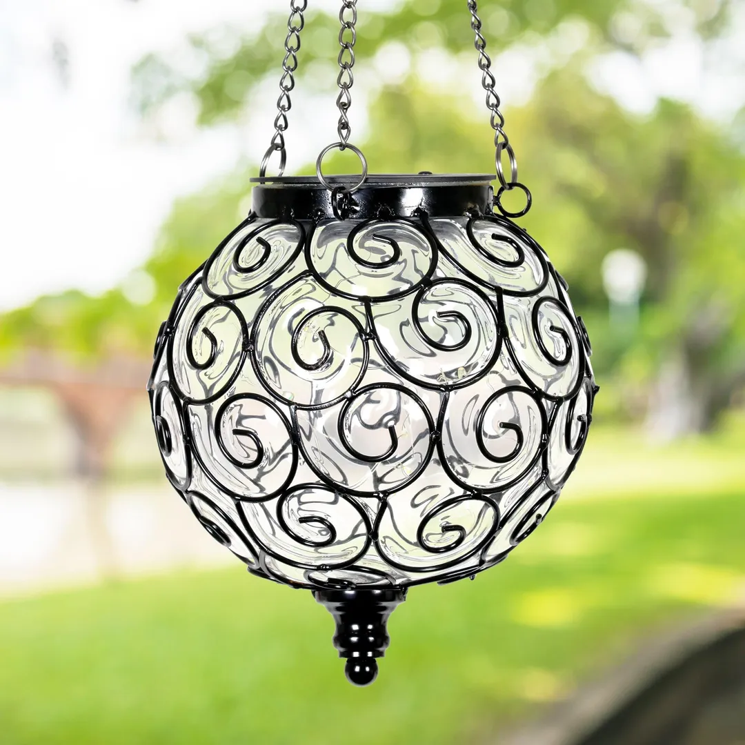 Exhart Solar Round Glass and Metal Hanging Lantern with 15 LED Fairy Firefly String Lights, 7 by 21 inches, Clear, photo 5 of 6