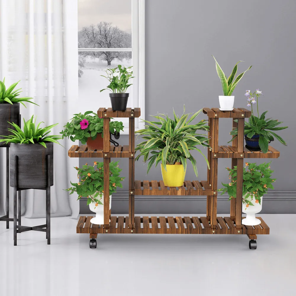 Yaheetech 4-Layer Rolling Wooden Flower Stand Flower Plant Display Stand Shelf Ladder Stand for Living Room Balcony Patio Yard Indoors & Outdoors, photo 9 of 10