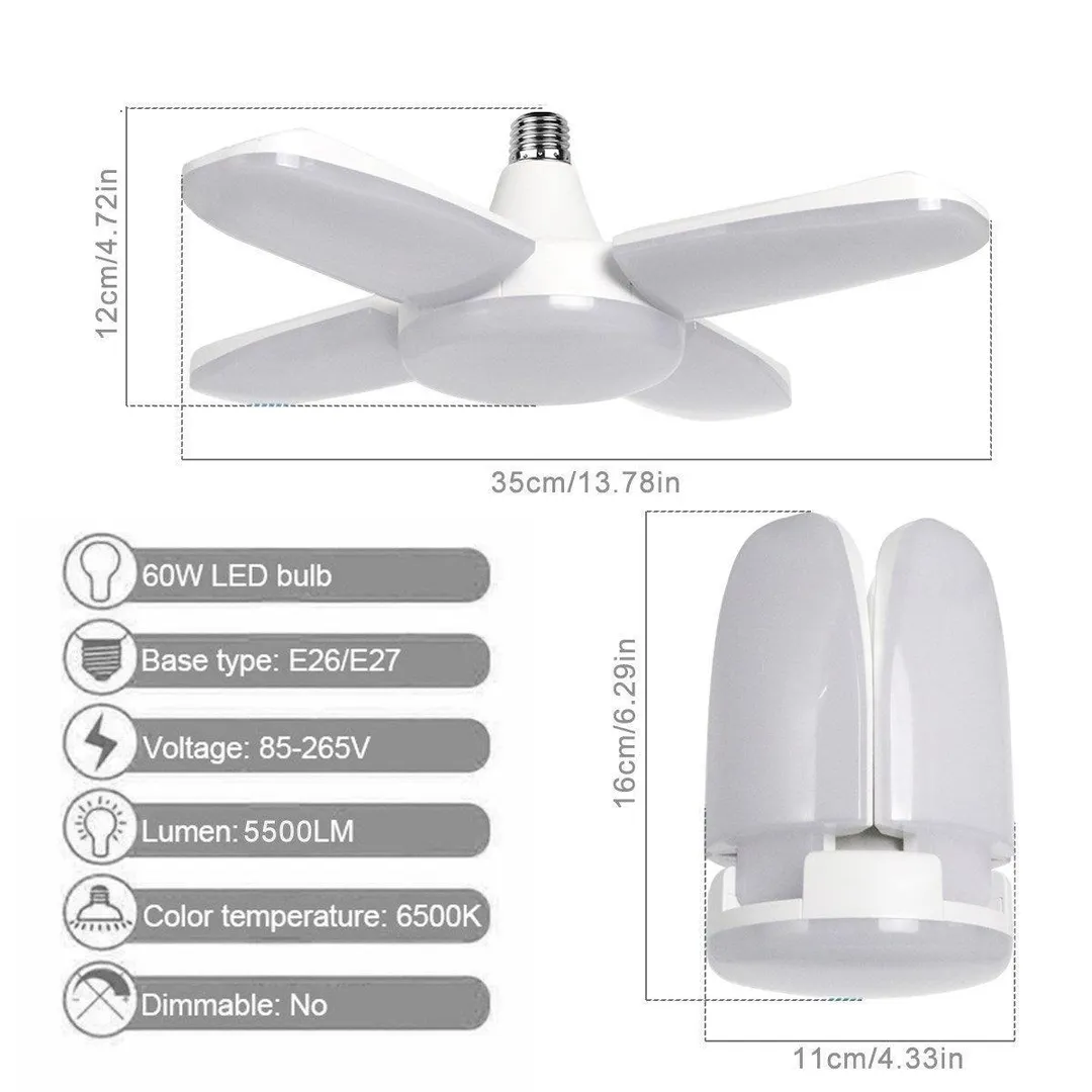 Stoneway 60W LED Garage Lights, Trilights LED Garage Ceiling Lighting, High Low Bay Deformable Adjustable Led Light Bulbs 5500LM 6000K, Screw in Tribright Garage Lighting Fixture, photo 2 of 10