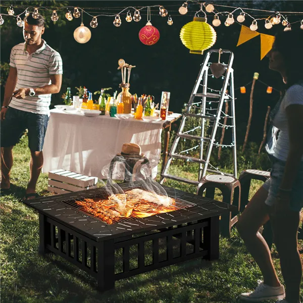 Topeakmart 32'' Outdoor Metal Fire Pit Square Garden Stove Brazier for Barbecue, Heating, Cooling Drinks w/Cover & Poker Black, photo 10 of 12