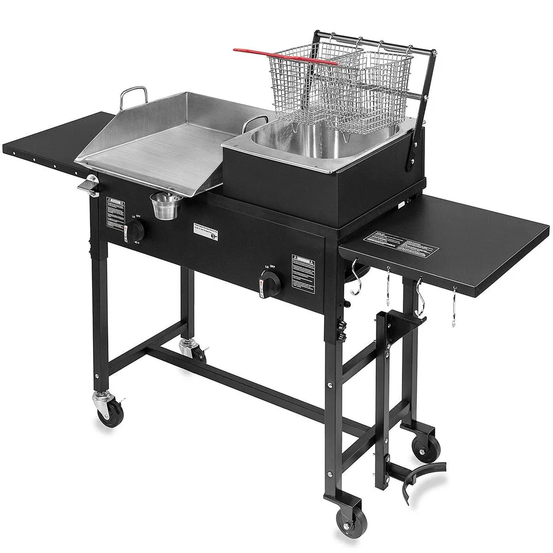 Barton 58,000 BTU Outdoor Gas Propane Double Burner Stove Cook Station Flat Top Griddle & Deep Fryer BBQ Grill Camp Side Table, photo 2 of 7