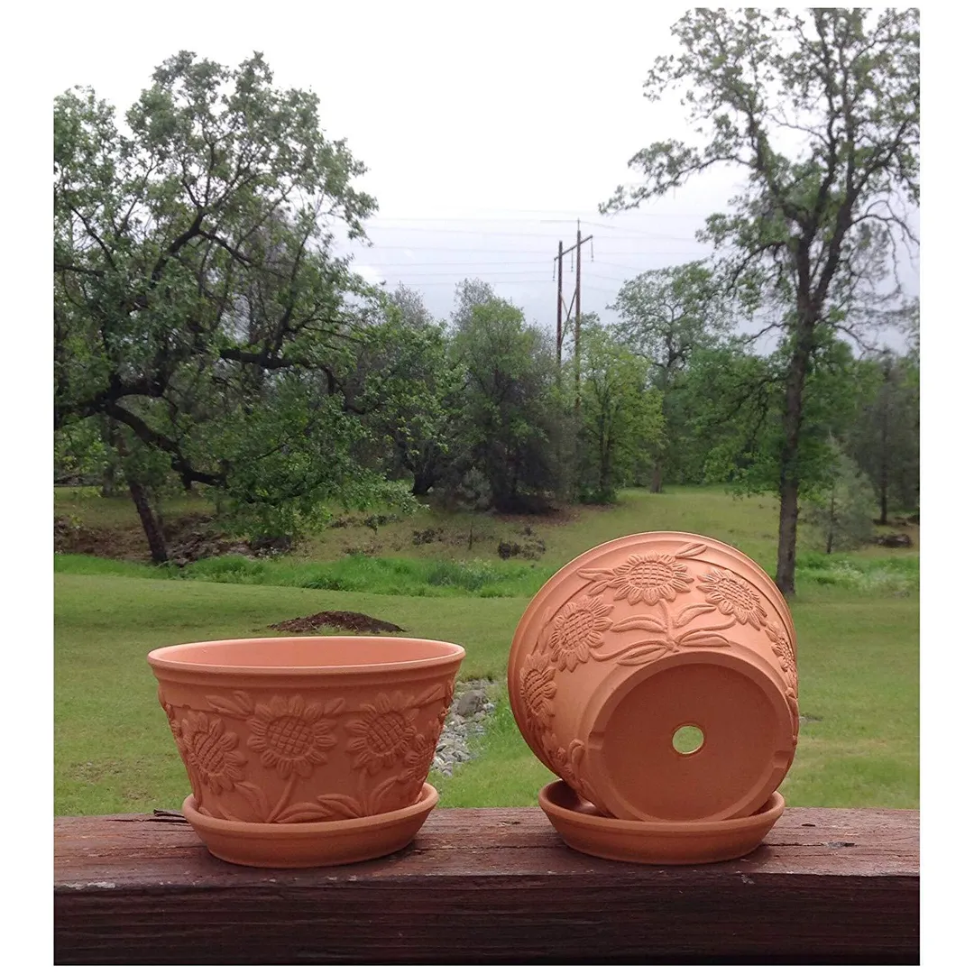 Set of 2 Raised Sunflower Embellished Natural Terracotta Garden Pot with Tray, photo 5 of 6