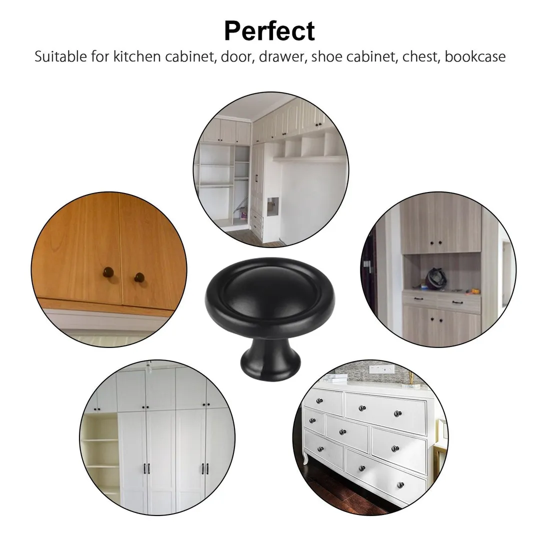 TSV 10pcs Kitchen Round Mushroom Drawer Handles Cabinet Knobs, Black Cabinet Hardware Round Knobs with Screws, Elegant Black Finish, for Bathroom Cabinets Dresser Home Decor (1.14/1.22in Diameter), photo 6 of 9