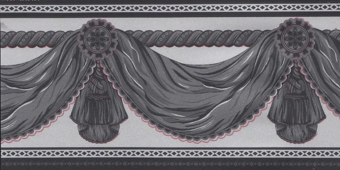 Dundee Deco Peel and Stick Faux Charcoal Grey Black Curtains Light Grey Wallpaper Border Retro Design, Roll 33 ft. x 4 in., Self Adhesive, photo 4 of 4