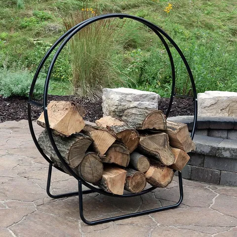 Sunnydaze Log Rack 24" Black Steel Indoor Outdoor Log Hoop Firewood Storage