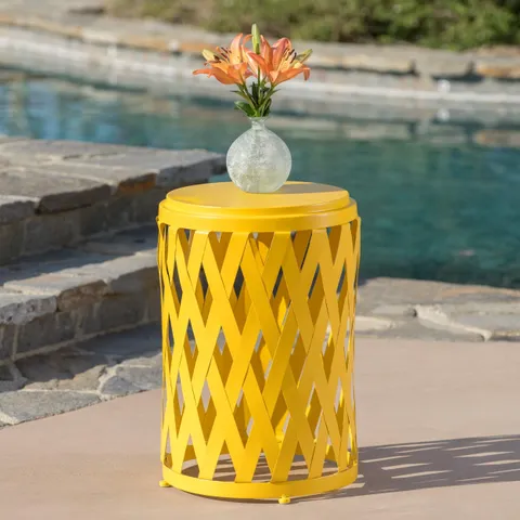 Aubriella Outdoor 14 Inch Diameter Iron Side Table, Matte Yellow