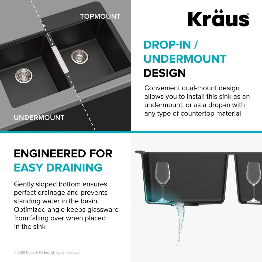 KRAUS 33 Inch Dual Mount 50/50 Double Bowl Granite Kitchen Sink w/ Topmount and Undermount Installation in Black Onyx, photo 12 of 12
