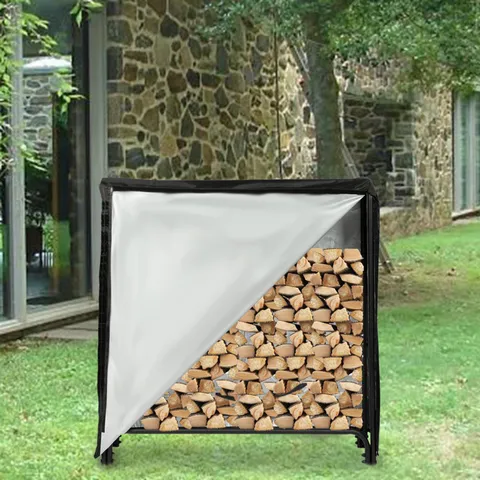 4 Feet Waterproof Cover Steel Firewood Log Rack Wood Storage Holder