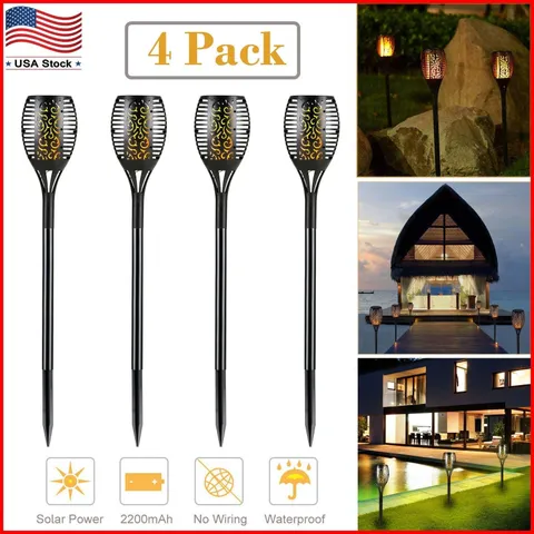 4 Pack 96 LED Solar Tiki Torch Light Dancing Flickering Flame Lamp Waterproof
