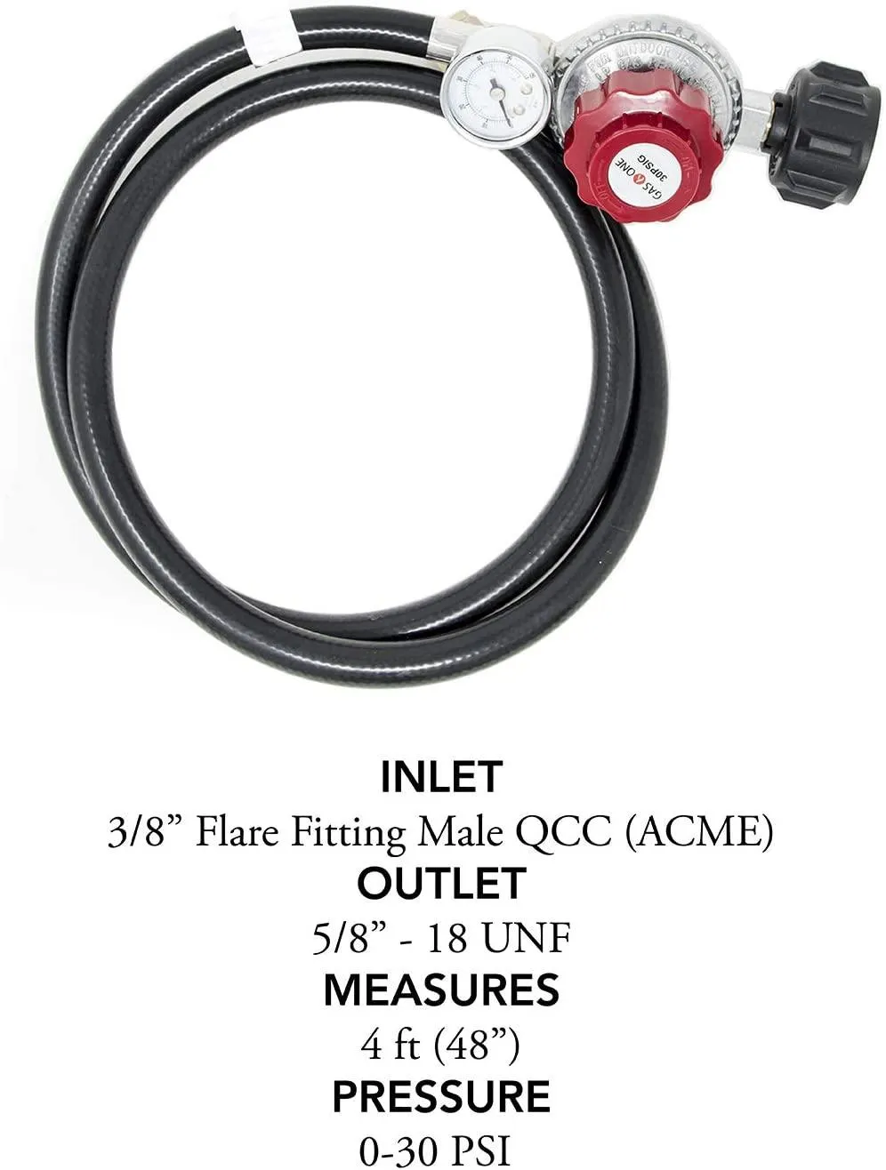 GasOne Propane Regulator with Propane Orifice High Pressure 0-30PSI with PSI Indicator 4 Feet Hose Universal QCC1 for Propane Gas Grill Heater and Fire Pit - 3/8" Female Flare Nut, photo 2 of 7