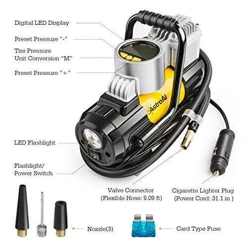 AstroAI Air Compressor Pump, 100 PSI 12V Electric Portable Digital Tire Inflator with Extra Nozzle Adaptors and Fuse for Car Bike Tires and Other Automobiles, photo 2 of 9
