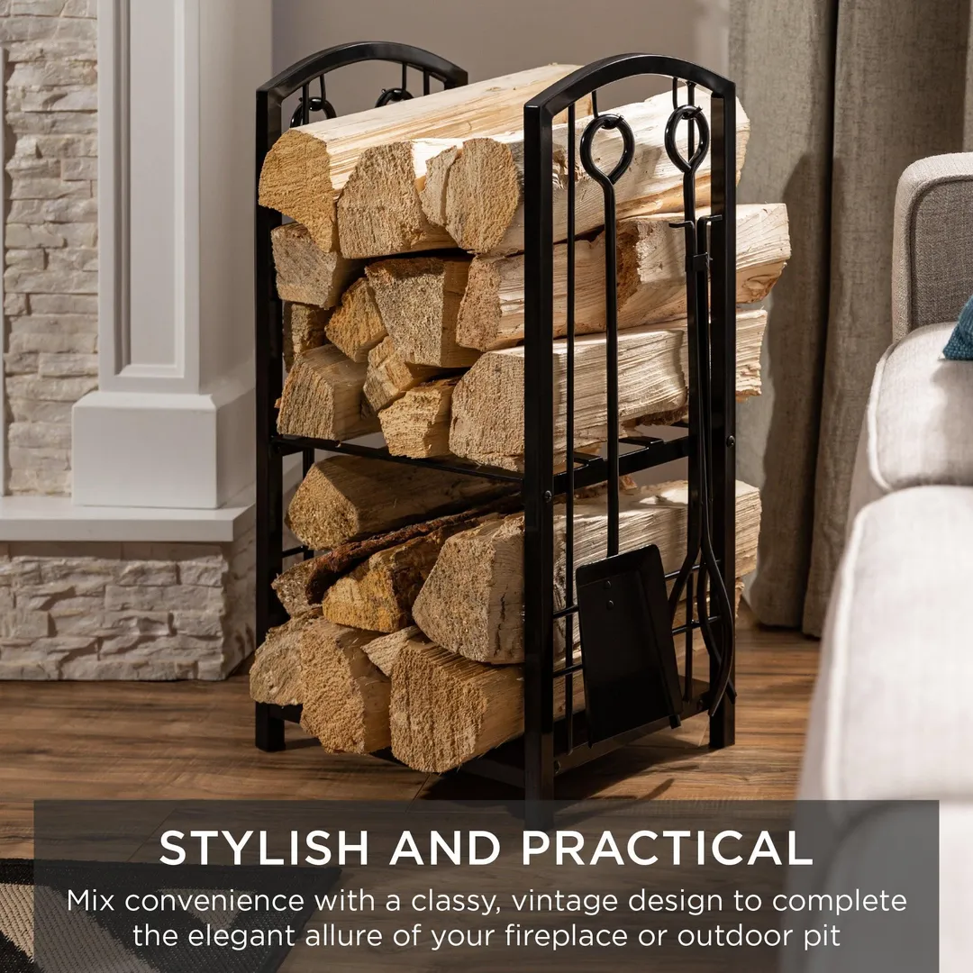 Best Choice Products 5-Piece Firewood Log Rack Holder Tools Set for Fireplace w/ Hook, Broom, Shovel, Tongs - Black, photo 6 of 7