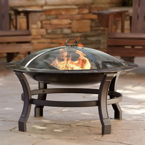 Iron Outdoor Fire Pit Round 30" Bowl Brick Steel Wood Burning With Spark Screen and Fire Poker for Outside Backyard Patio Camping