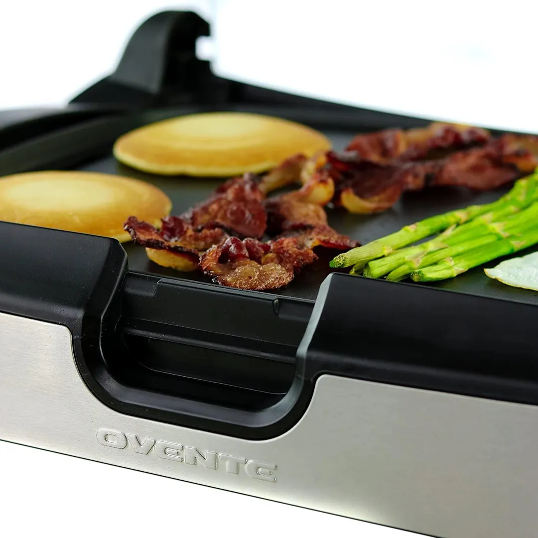 Ovente 2 in 1 Electric Countertop Powerful Contact Grill with Glass Lid & Nonstick Ceramic Grill & Griddle Plate, Portable Stainless Steel BBQ Grill with Removable Drip Tray Easy Clean, Black GR2001B, photo 5 of 8