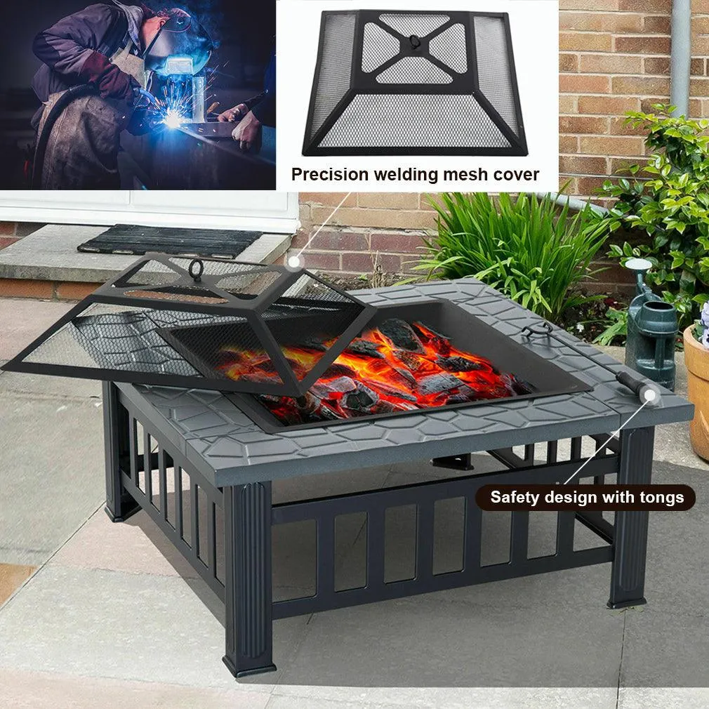 FDW Outdoor fire pit for wood 32" Metal firepit for patio Wood Burning Fireplace Square Garden Stove with Charcoal Rack, Poker & Mesh Cover for Camping Picnic Bonfire Backyard, photo 6 of 7