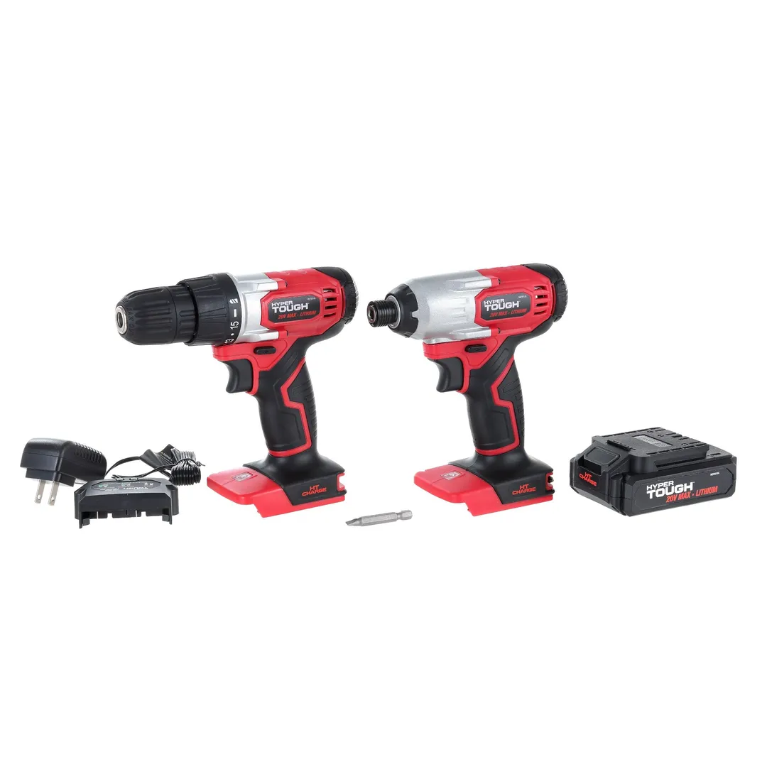 Hyper Tough 20V MAX Lithium-ion 3/8 inch Cordless Drill & 1/4 inch Impact Driver Combo Kit (2-Tool Set) with 1.5Ah Lithium-ion Battery, Charger, Bit Holders & LED Lights, photo 2 of 8