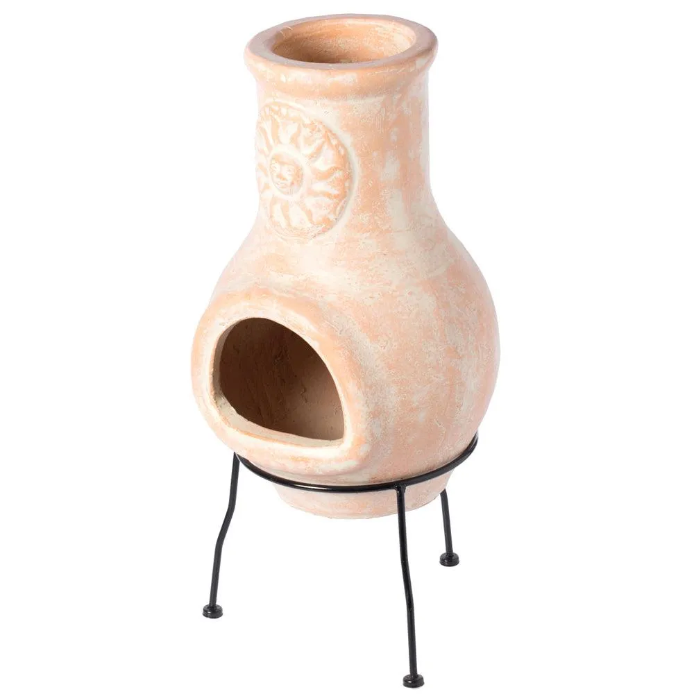 Vintiquewise Outdoor Clay Chiminea Sun Design Charcoal Burning Fire Pit with Metal Stand, photo 4 of 8