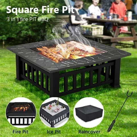 32" Outdoor Square Fire Pit Metal Garden Stove Brazier