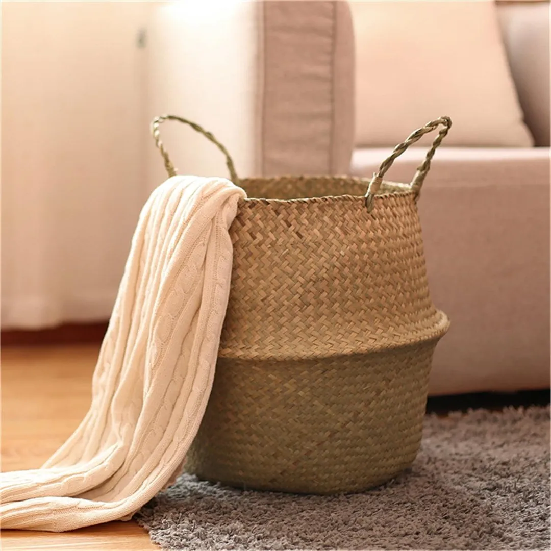 Set of 2 Handmade Rustic Storage Baskets Foldable Laundry Straw Patchwork Wicker Rattan Seagrass Belly Garden Flower Pot Planter Basket Garden Accessories, photo 3 of 10