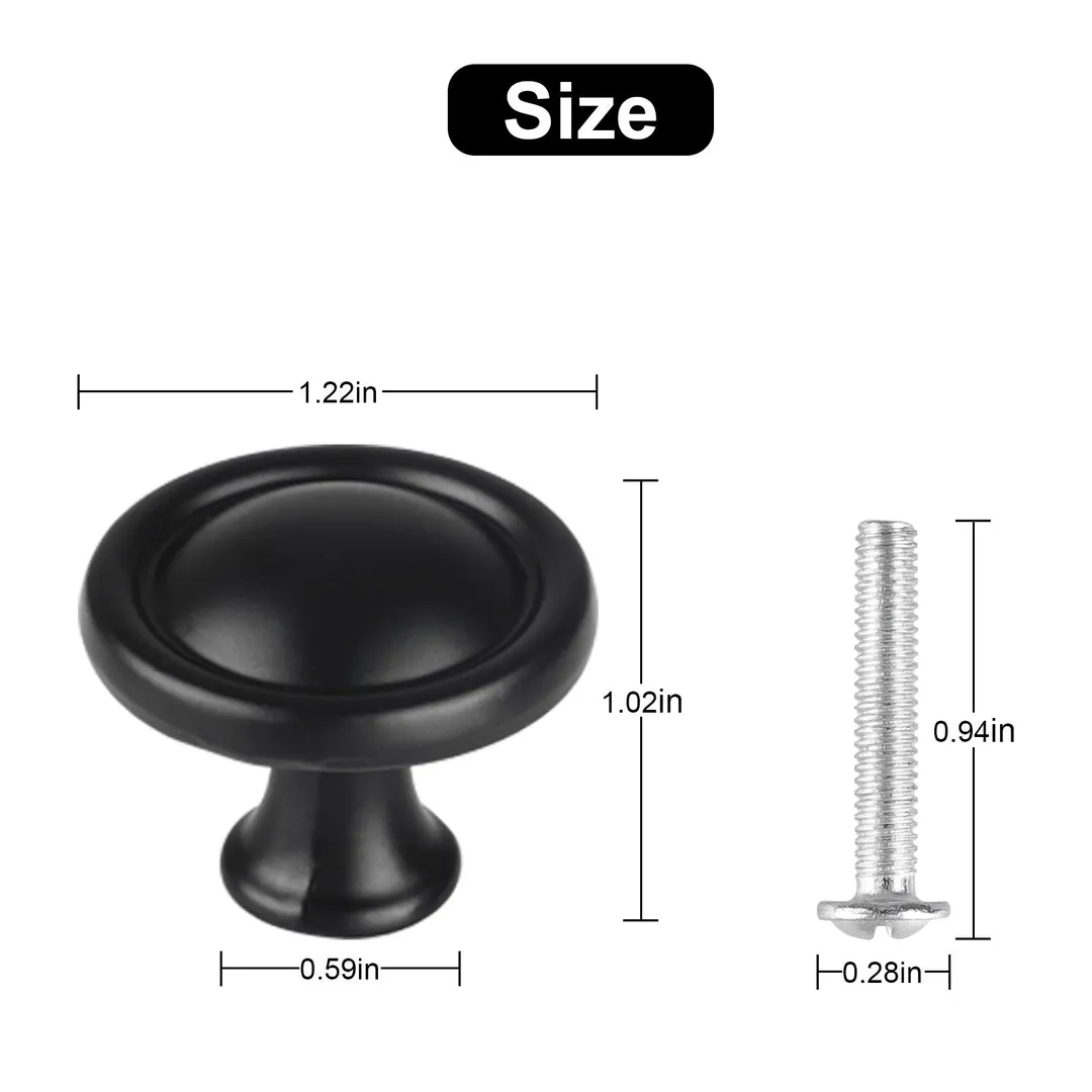 TSV 10pcs Kitchen Round Mushroom Drawer Handles Cabinet Knobs, Black Cabinet Hardware Round Knobs with Screws, Elegant Black Finish, for Bathroom Cabinets Dresser Home Decor (1.14/1.22in Diameter), photo 7 of 9