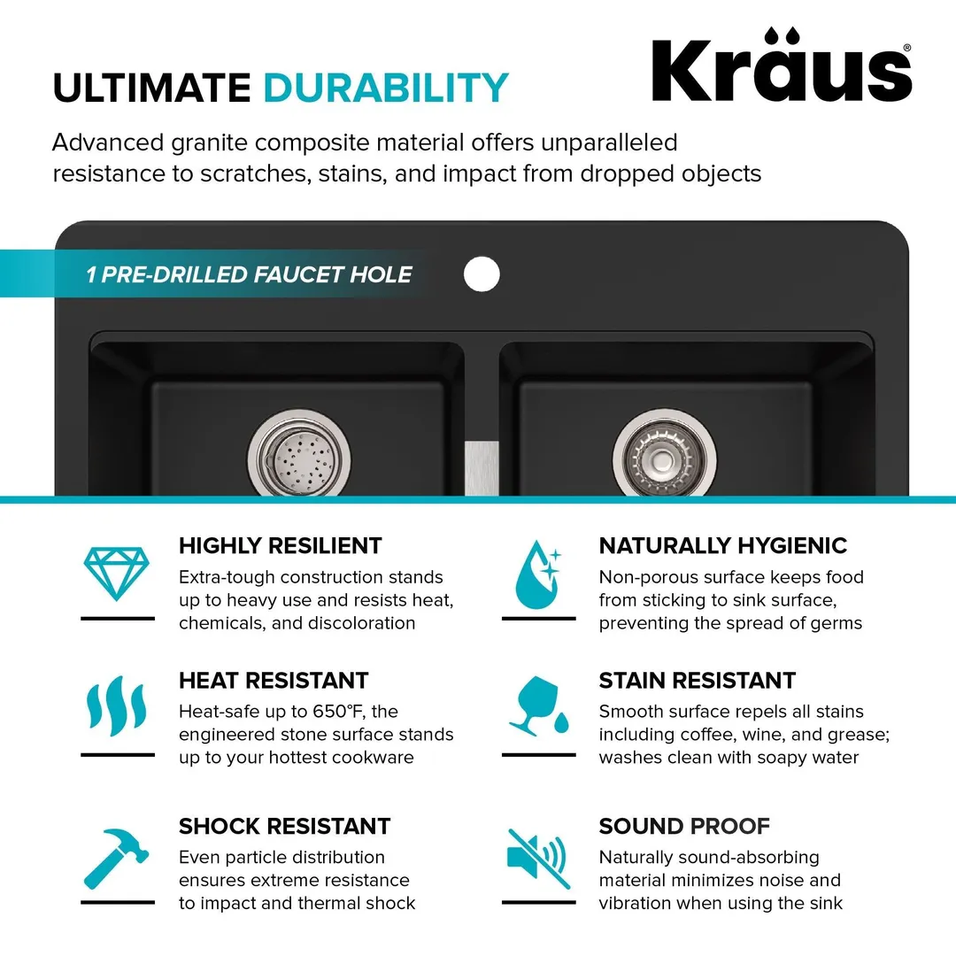 KRAUS 33 Inch Dual Mount 50/50 Double Bowl Granite Kitchen Sink w/ Topmount and Undermount Installation in Black Onyx, photo 11 of 12