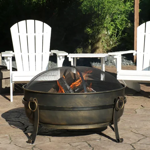 Sunnydaze 34" Fire Pit Steel Cauldron Design with Spark Screen and Fire Poker