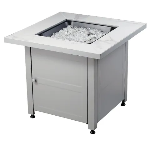 All Weather Outdoor Fire Pit with Faux Marble Finish, White Glass