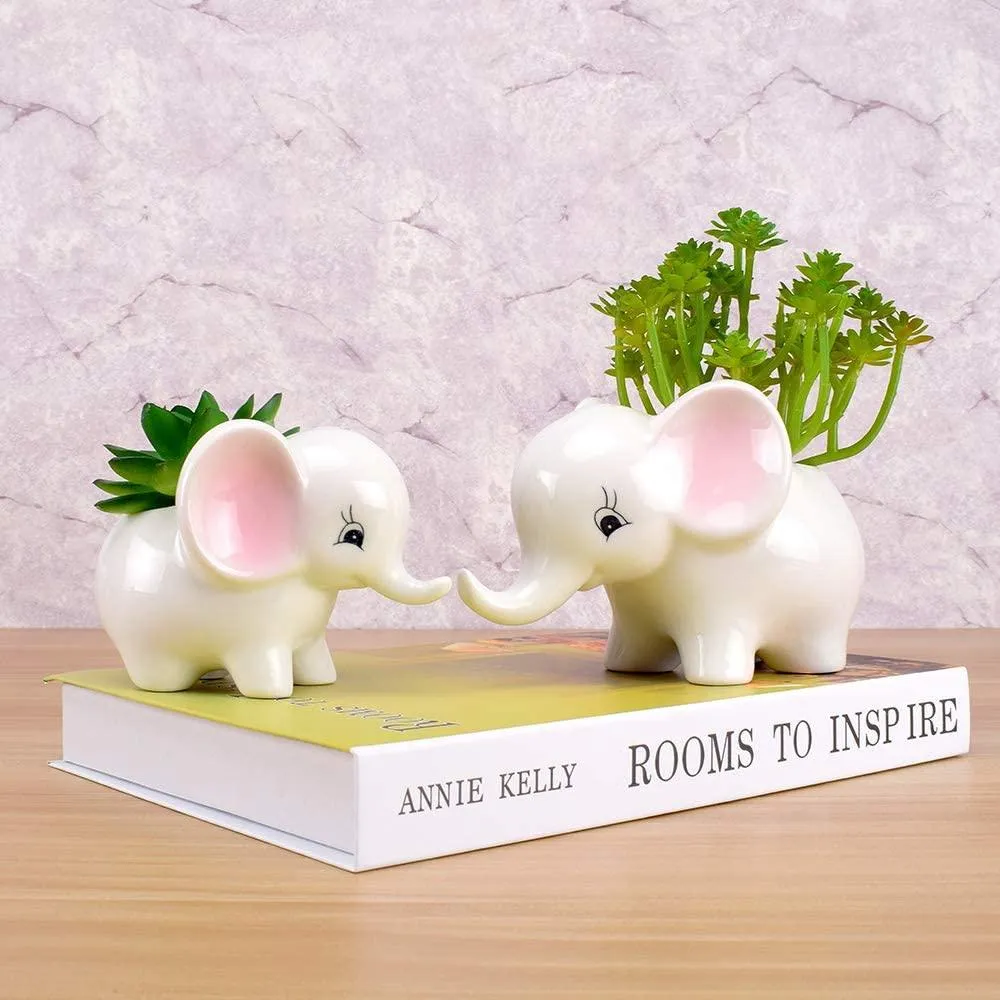 Succulent Pots - 2PCS Elephant Flower Pots Mother Elephant with Baby Elephant Ceramic Succulent Planter Plant Window Boxes with Tray for Indoor Outdoor Cactus Succulent Plant, photo 4 of 9
