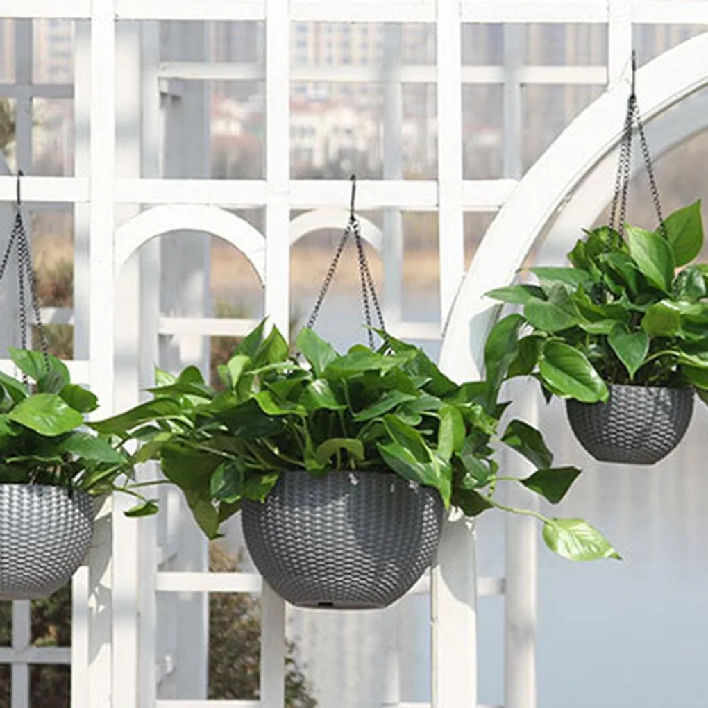 Round Resin Chain Basket Hanging Planter Rattan Flower Pot Self-watering Art Planter Plastic Resin Planting Tool Garden Supplies, photo 2 of 7