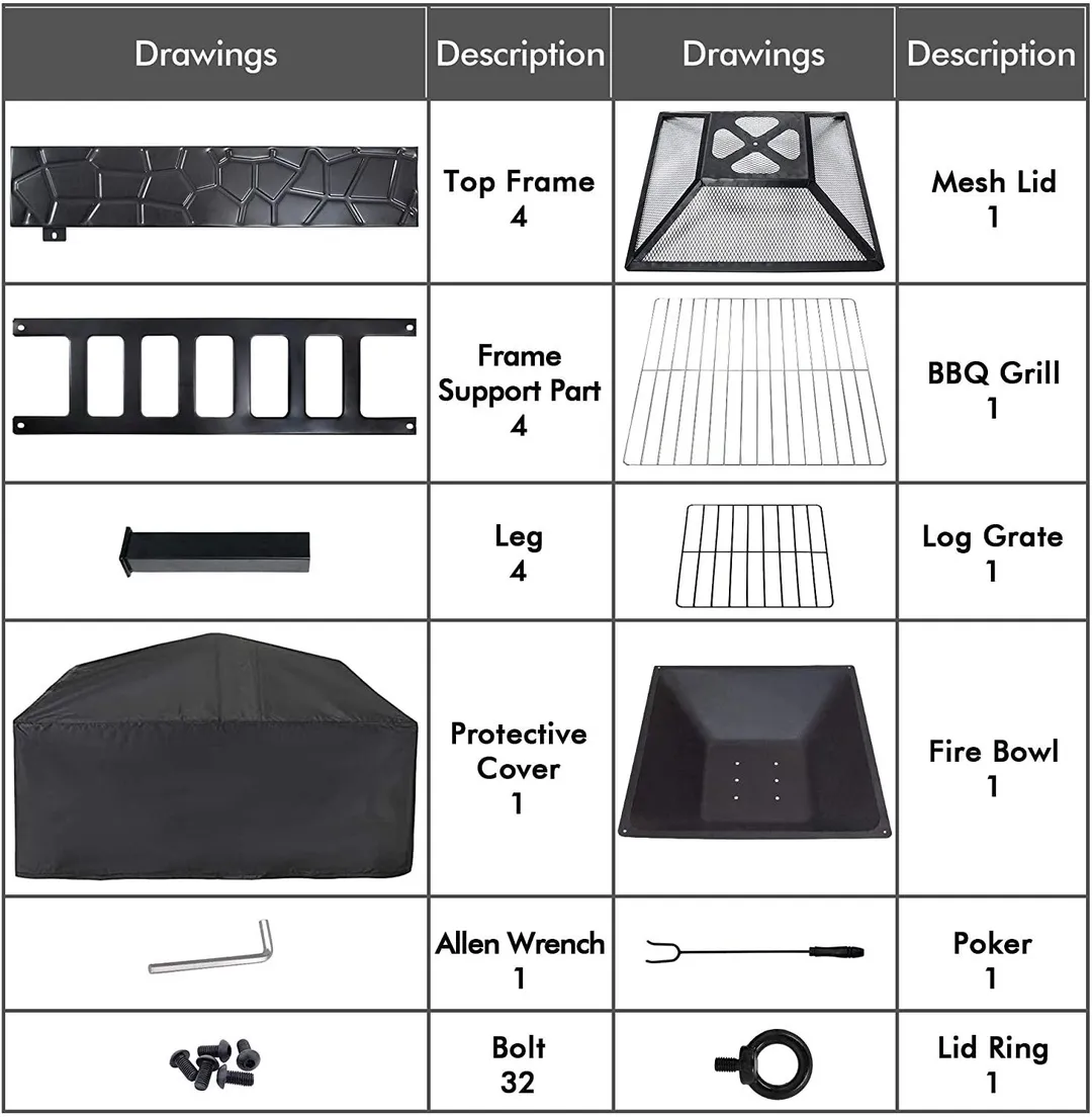 Cisvio Fire Pit Outdoor BBQ Square Metal Table Patio Garden Stove Wood Burning Fireplace, photo 3 of 5