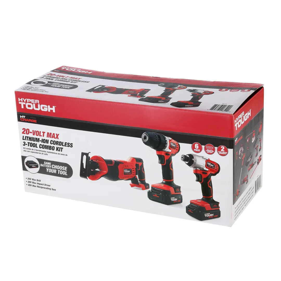Hyper Tough 20V MAX Lithium-ion 3/8-in. Cordless Drill, 1/4-in. Impact Driver & Reciprocating Saw Combo Kit (3-Tool) with (2)1.5Ah Lithium-ion Batteries, Charger, Wood Blade, Bit Holder & LED Lights, photo 5 of 8